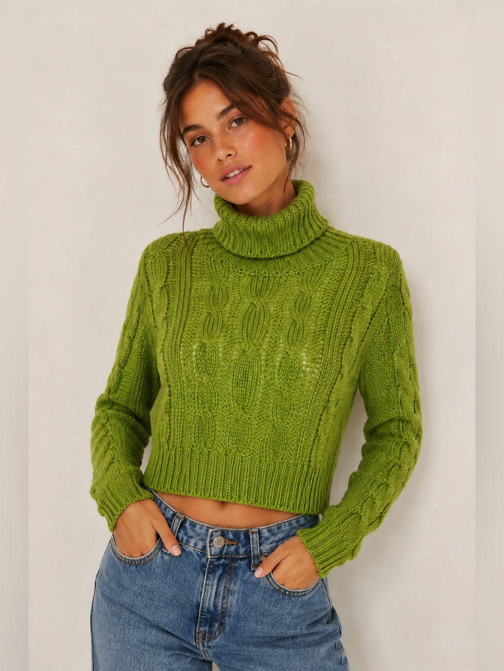 Beige Botany Green Cable knit Turtleneck Crop Lightweight Sweater Size Small